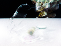 Maximilian Koppernock, Tischgedeck mit Tischgesteck: Glas mit frischen Disteln, Distel Praline in zerlaufenem Eiweiß und Zigarettenrauch, 2024, &copy; Maximilian Koppernock